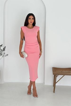 Neşeli butik kadın drapeli pembe midi elbise NBK4246