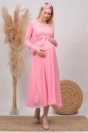 Neşeli butik kadın pudra kruvaze yaka baby shower şifon hamile elbise HML003