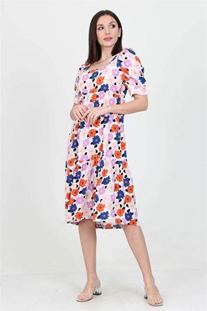 Neşeli butik kadın pudra kare yaka eteği fırfırlı çiçek desenli viskon elbise NB10026