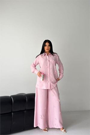 Neşeli butik kadın pembe çiçek aplikeli ikili keten kumaş takım NBMS2642
