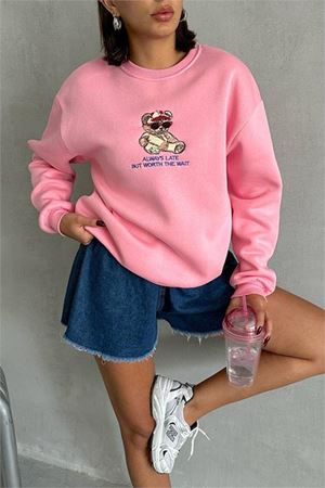 Neşeli butik kadın pembe içi pamuklu nakış detaylı sweat NBG035
