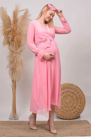 Neşeli butik kadın pudra kruvaze yaka baby shower şifon hamile elbise HML003
