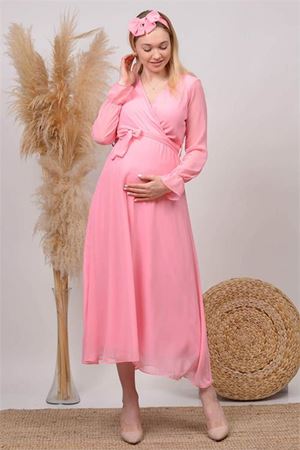 Neşeli butik kadın pudra kruvaze yaka baby shower şifon hamile elbise HML003