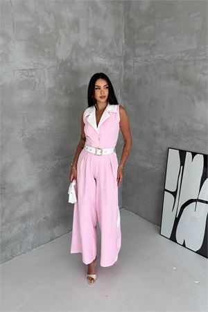 Neşeli butik kadın pembe çift renkli kemerli şerit detaylı tam boy kolsuz tulum NBK087