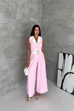 Neşeli butik kadın pembe çift renkli kemerli şerit detaylı tam boy kolsuz tulum NBK087