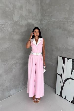 Neşeli butik kadın pembe çift renkli kemerli şerit detaylı tam boy kolsuz tulum NBK087