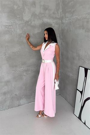 Neşeli butik kadın pembe çift renkli kemerli şerit detaylı tam boy kolsuz tulum NBK087