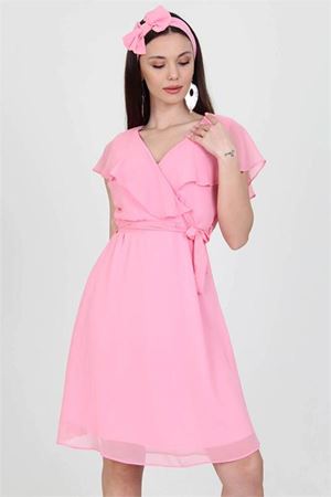 Neşeli butik kadın midi boy yeni sezon kruvaze yaka melek kol şifon elbise RY8081