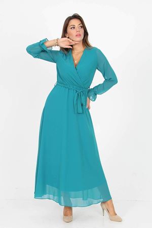 Neşeli Butik Kadın Kruvaze Yaka Bağlama Detaylı Yeni Sezon Uzun Şifon Elbise KTS003