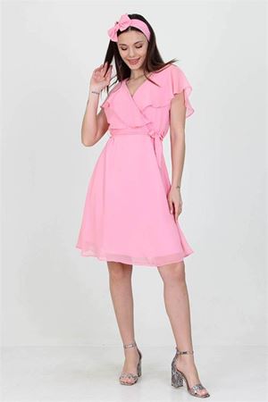Neşeli butik kadın midi boy yeni sezon kruvaze yaka melek kol şifon elbise RY8081