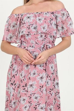 Neşeli butik kadın madonna yaka kuşaklı desenli şifon elbise RY10037