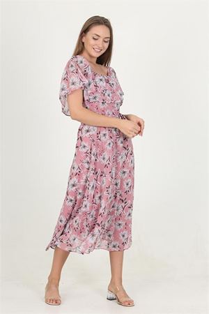 Neşeli butik kadın madonna yaka kuşaklı desenli şifon elbise RY10037