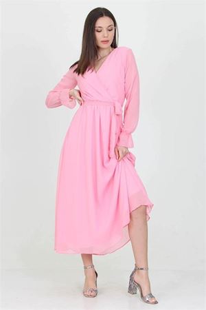 Neşeli Butik Kadın Pudra Yeni Sezon Astarlı Kruvaze Yaka Uzun Şifon Elbise NB003