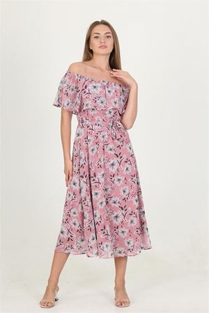 Neşeli butik kadın madonna yaka kuşaklı desenli şifon elbise RY10037