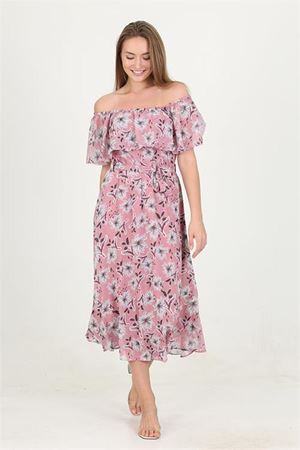 Neşeli butik kadın madonna yaka kuşaklı desenli şifon elbise RY10037