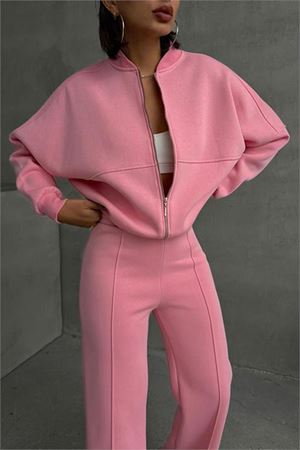 Neşeli butik kadın şardonlu üç iplik eşofman takımı GTS018 - Pembe