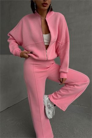 Neşeli butik kadın şardonlu üç iplik eşofman takımı GTS018 - Pembe