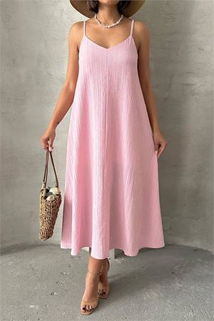 Neşeli butik kadın pembe ayarlanabilir askılı salaş elbise NBG090