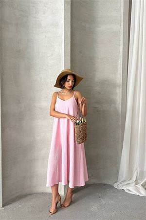 Neşeli butik kadın pembe ayarlanabilir askılı salaş elbise NBG090