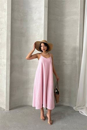 Neşeli butik kadın pembe ayarlanabilir askılı salaş elbise NBG090