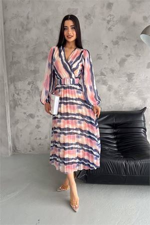 Neşeli butik kadın pudra astarlı piliseli desenli şifon elbise KKLF82