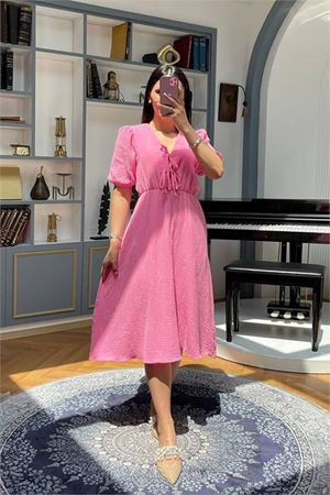 Neşeli butik kadın fuşya müslin kumaş yazlık elbise NBMY3753
