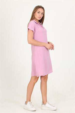 Neşeli butik kadın pudra gömlek yaka kol detaylı midi boy ayrobin elbise LPTR10