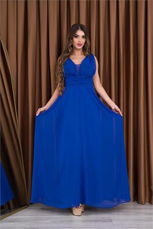 Neşeli butik kadın saks mavi V-yaka şifon abiye elbise NB2027