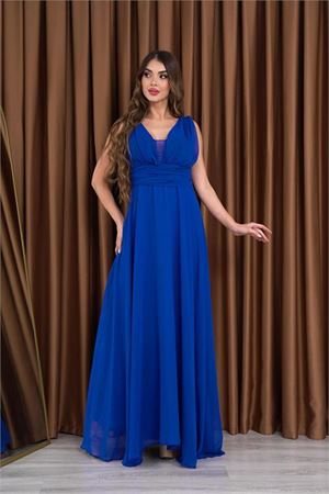 Neşeli butik kadın saks mavi V-yaka şifon abiye elbise NB2027