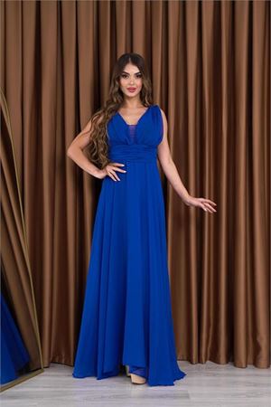 Neşeli butik kadın saks mavi V-yaka şifon abiye elbise NB2027