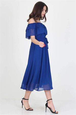 Neşeli butik kadın saks mavisi madonna yaka bağlama detaylı şifon elbise RY8060