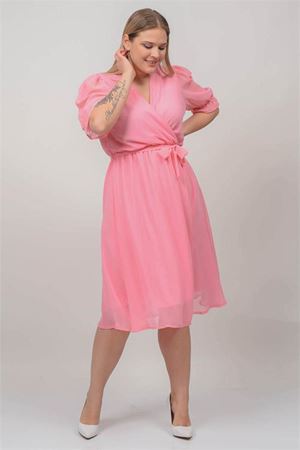 Neşeli butik kadın pudra kruvaze yaka midi boy büyük beden şifon elbise NB8062