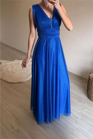 Neşeli butik kadın drapeli ışıltılı kalın askılı abiye elbise NM003