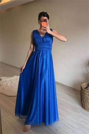 Neşeli butik kadın drapeli ışıltılı kalın askılı abiye elbise NM003