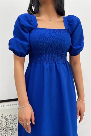 Neşeli butik kadın saks mavisi poplin kare yaka elbise NBG018