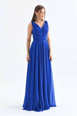 Neşeli butik kadın saks mavisi v yaka simli tül abiye elbise NBS9223