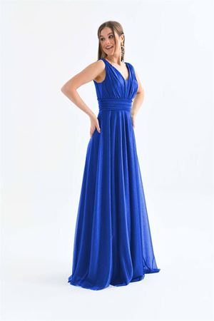 Neşeli butik kadın saks mavisi v yaka simli tül abiye elbise NBS9223