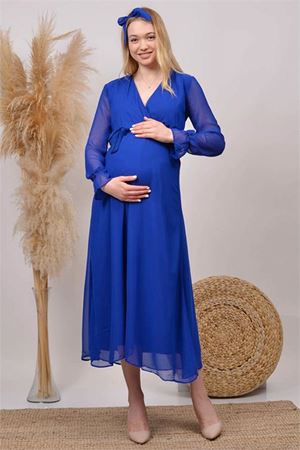 Neşeli butik kadın saks mavisi baby shower şifon hamile elbise HML003