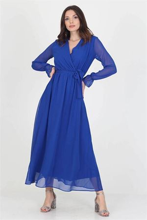 Neşeli Butik Kadın Yeni Sezon Astarlı Kruvaze Yaka Uzun Şifon Elbise NB003