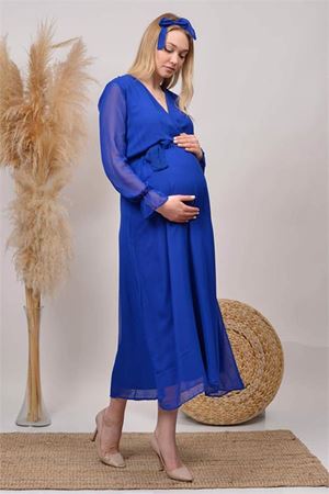 Neşeli butik kadın saks mavisi baby shower şifon hamile elbise HML003