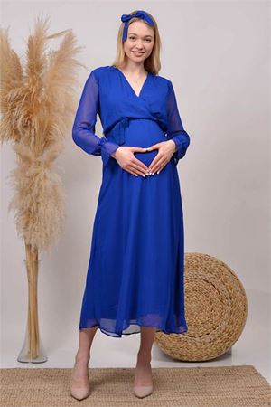 Neşeli butik kadın saks mavisi baby shower şifon hamile elbise HML003