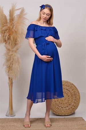 Neşeli butik kadın saks mavisi baby shower şifon hamile elbise HML8060