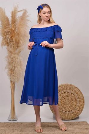 Neşeli butik kadın saks mavisi baby shower şifon hamile elbise HML8060