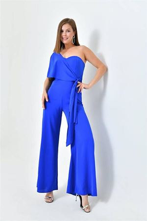 Neşeli butik kadın saks mavisi kuşaklı straplez abiye tulum NBS9355