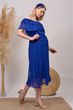 Neşeli butik kadın saks mavisi baby shower şifon hamile elbise HML8060