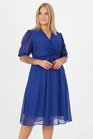 Neşeli butik kadın kruvaze yaka midi boy büyük beden şifon elbise NB8062