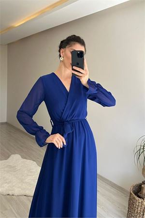 Neşeli butik kadın uzun kollu kuşaklı maxi şifon elbise NM001