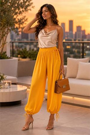 Neşeli butik kadın sarı bel ve paça ayarlanabilir lastikli sandy kumaş şalvar pantolon NBPNT001