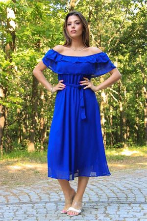 Neşeli Butik Kadın bağlama detaylı madonna yaka yeni sezon şifon elbise NB8060