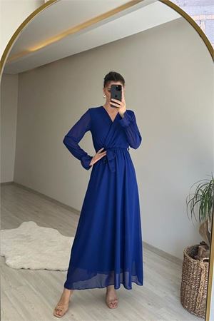 Neşeli butik kadın uzun kollu kuşaklı maxi şifon elbise NM001